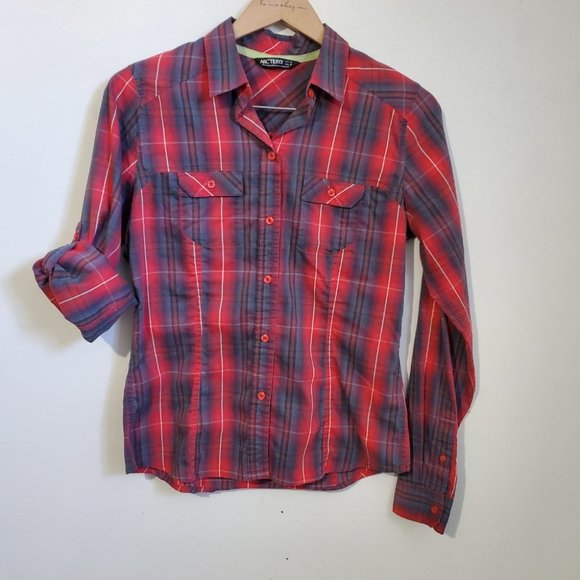 ARC'TERYX Women's Medium Fitted Convertible Roll Tab Plaid Button Down Top Shirt - Picture 7 of 13